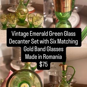Emerald Green Glass Decanter Set with Gold Band Glasses